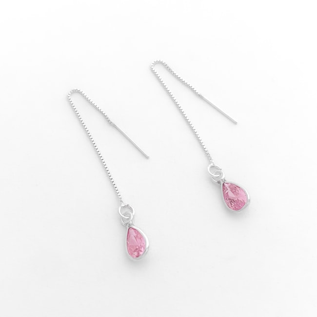 Brinco de Fio com Zircônia de Gota Rosa