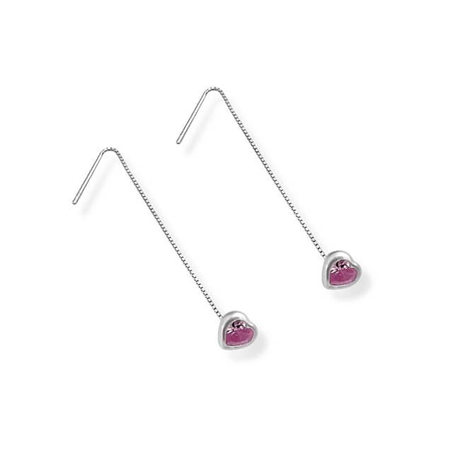 Brinco de Fio em Formato de Coração com Zircônia Rosa 