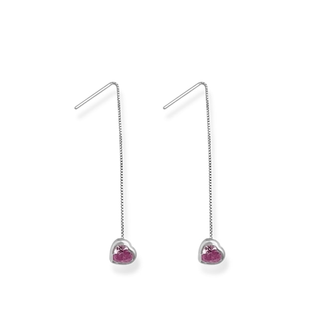 Brinco de Fio em Formato de Coração com Zircônia Rosa 