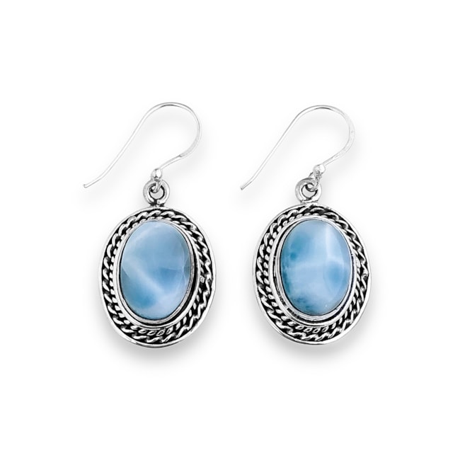 Brinco de Gancho com Larimar em Gota com Bordas Trabalhadas