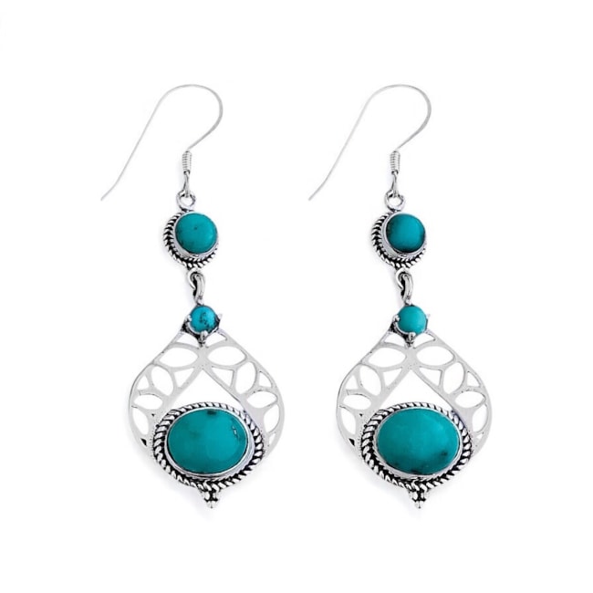 Brinco de Gancho com Pedra Turquesa Vazado Trabalhado 