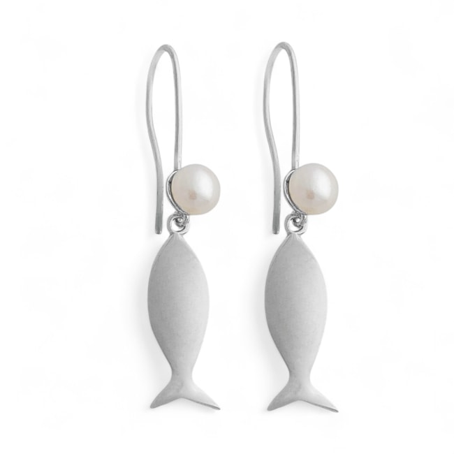 Brinco de Gancho com Peixe e Pérola 