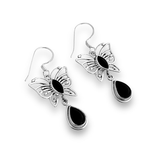 Brinco de Gancho de Borboleta com Pedra Ônix
