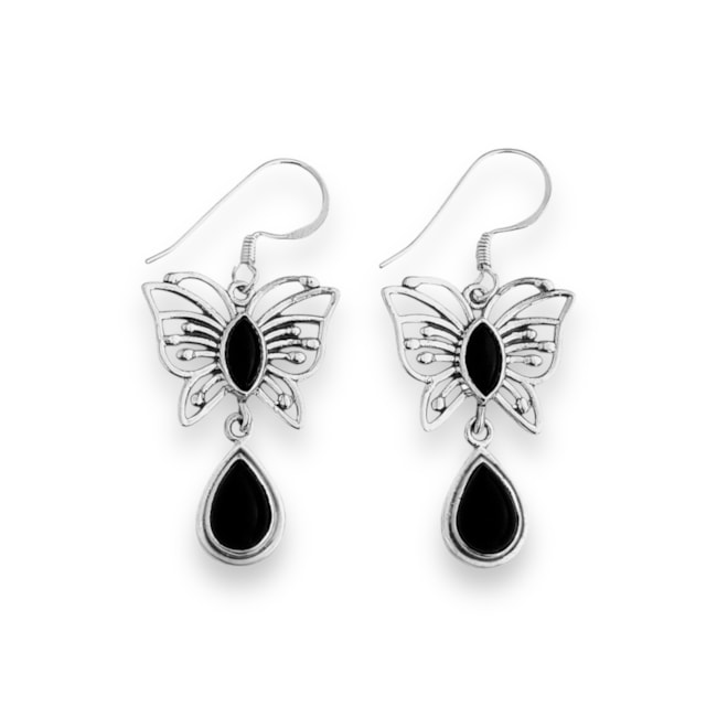 Brinco de Gancho de Borboleta com Pedra Ônix