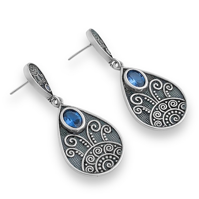 Brinco de Gota Trabalhado com Zircônia em Topázio Azul