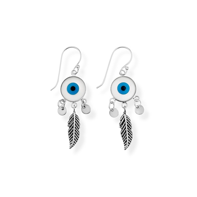 Brinco de Olho Grego em Madrepérola com Pena e Medalhinhas Grande