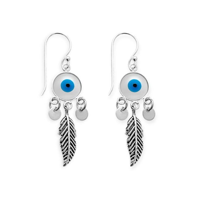 Brinco de Olho Grego em Madrepérola com Pena e Medalhinhas Pequeno