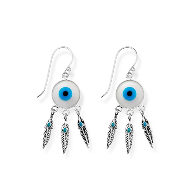 Brinco de Olho Grego em Madrepérola e Penas com Detalhes Verdes Grande