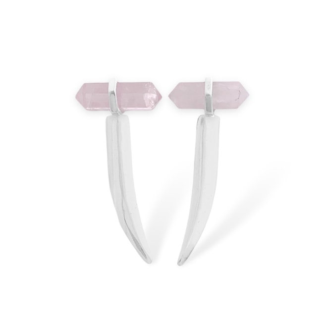 Brinco Dente de Elefante com Pedra Quartzo Rosa 