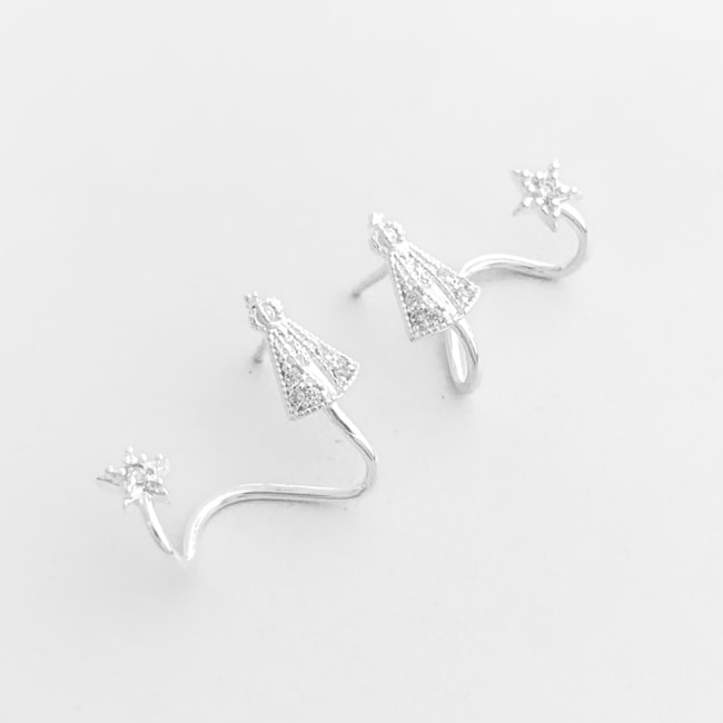 Brinco Ear Cuff de Nossa Senhora Aparecida e Estrela Cravejado com Zircônias