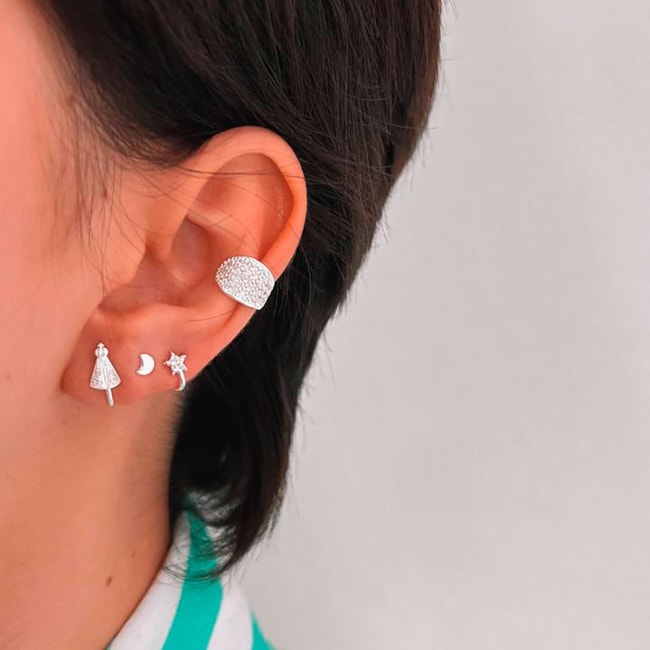 Brinco Ear Cuff de Nossa Senhora Aparecida e Estrela Cravejado com Zircônias