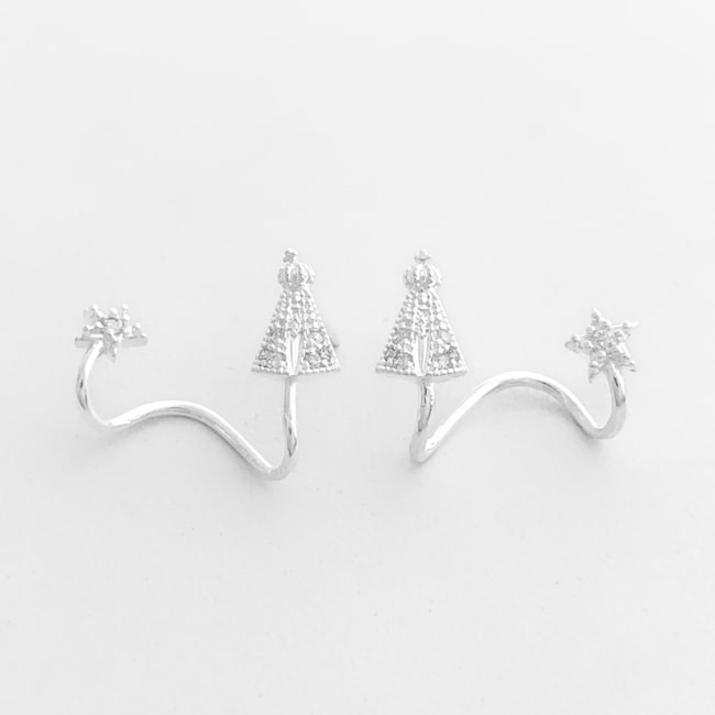 Brinco Ear Cuff de Nossa Senhora Aparecida e Estrela Cravejado com Zircônias