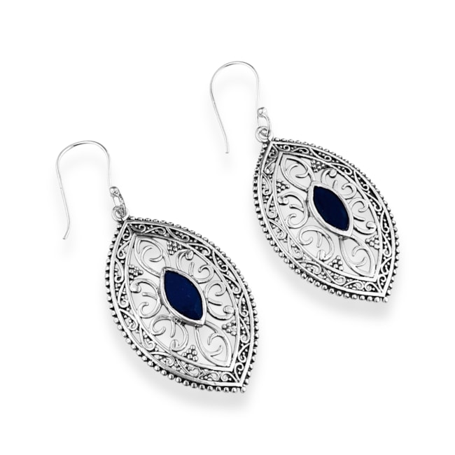 Brinco Envelhecido Trabalhado e Vazado com Pedra Lápis Lazuli 