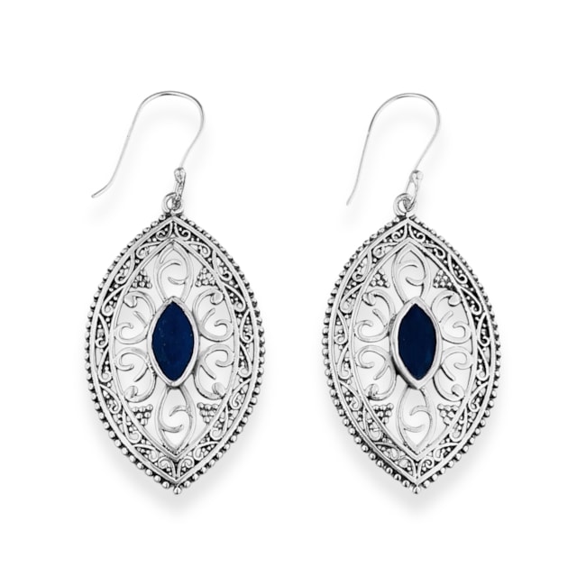 Brinco Envelhecido Trabalhado e Vazado com Pedra Lápis Lazuli 