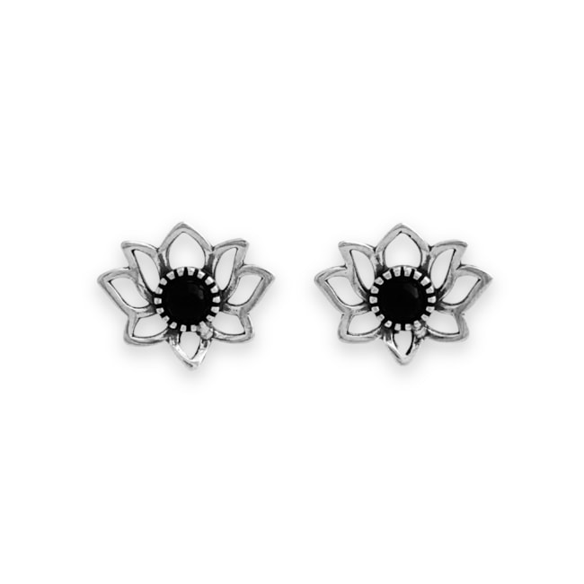 Brinco Flor de Lótus com Pedra  Ônix Resinada 