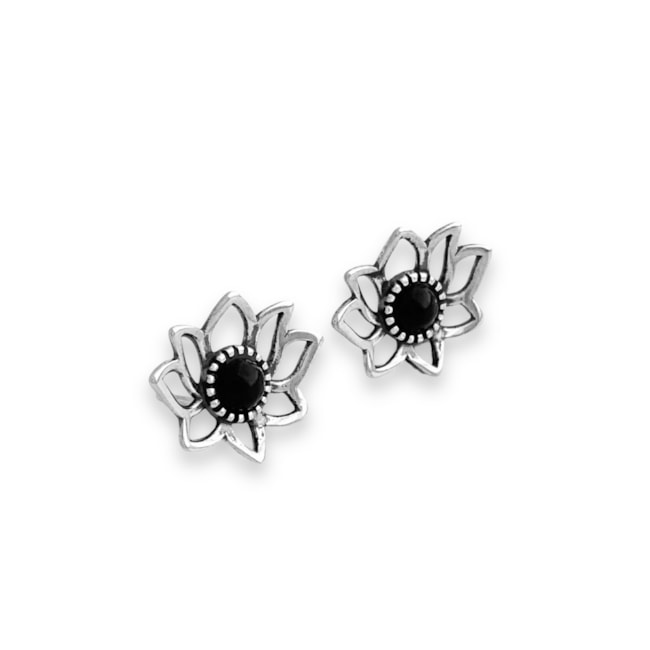 Brinco Flor de Lótus com Pedra  Ônix Resinada 