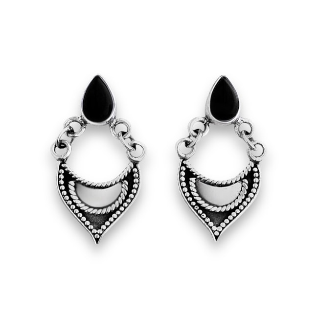 Brinco Indiano Trabalhado com Pedra Ônix em Formato de Gota