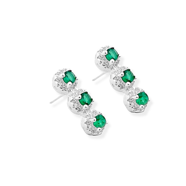 Brinco Tipo Palito de Zircônia Esmeralda com Bordas Cravejadas 