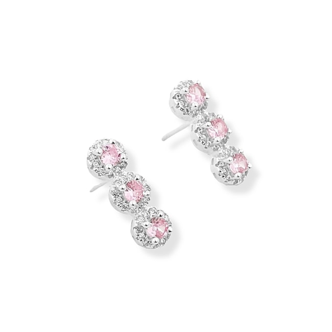 Brinco Tipo Palito Redondo Cravejado com Zircônia Cristal e Rubi Rose