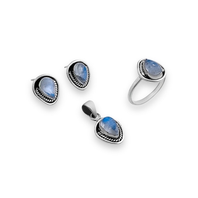 Conjunto de Brinco Anel e Pingente com Pedra da Lua 