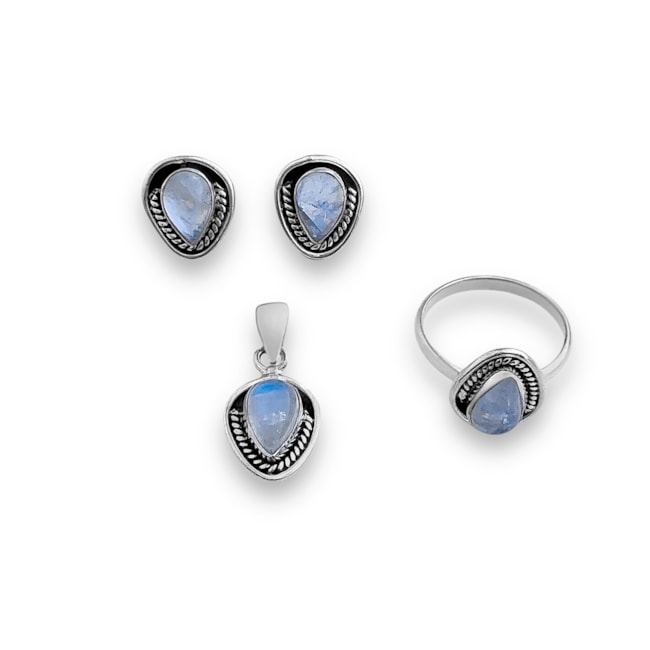 Conjunto de Brinco Anel e Pingente com Pedra da Lua 