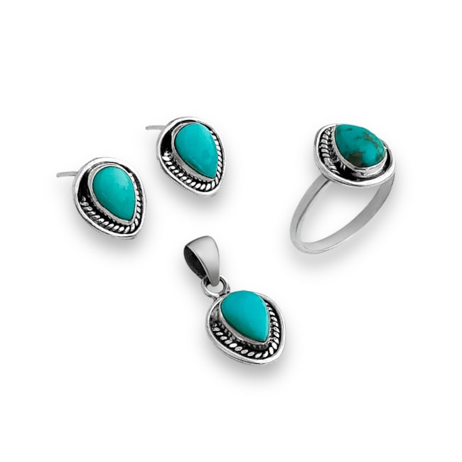 Conjunto de Brinco Anel e Pingente com Pedra Turquesa