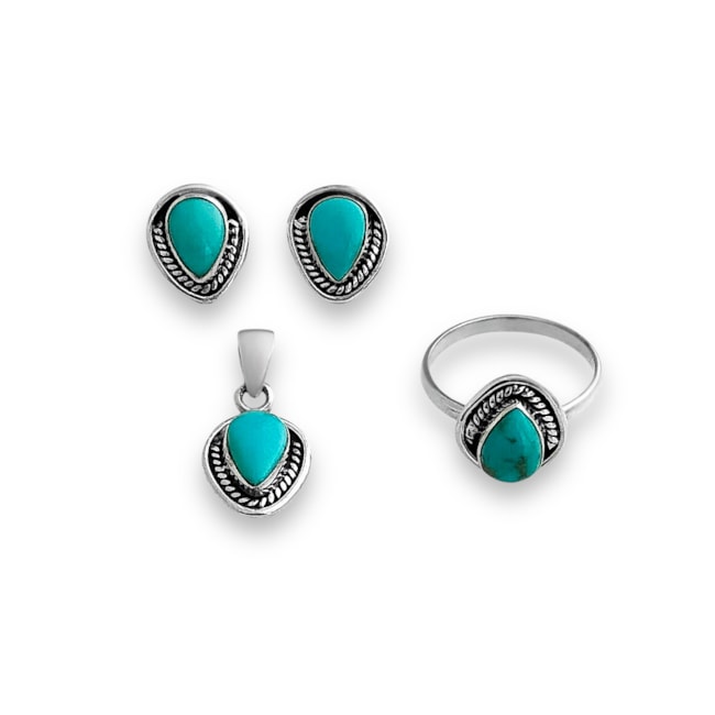 Conjunto de Brinco Anel e Pingente com Pedra Turquesa