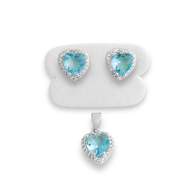 Conjunto de Coração com Pedra Água Marinha