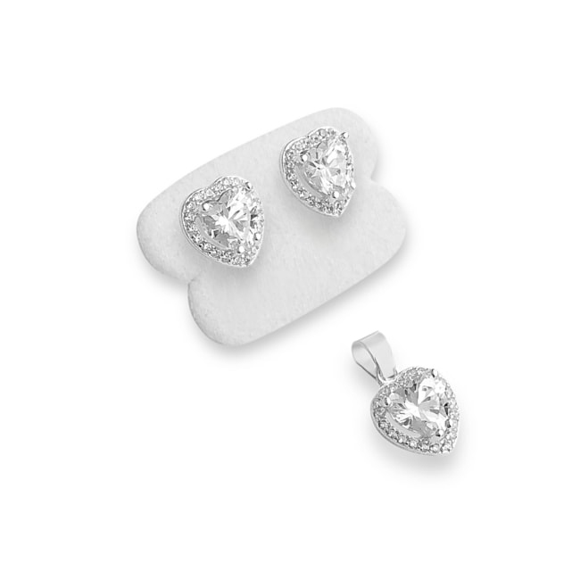 Conjunto de Coração Com Zircônia Cristal e Bordas Cravejadas 