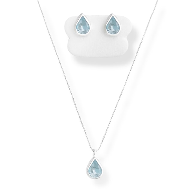 Conjunto De Gota com Zircônia Água Marinha - 40cm