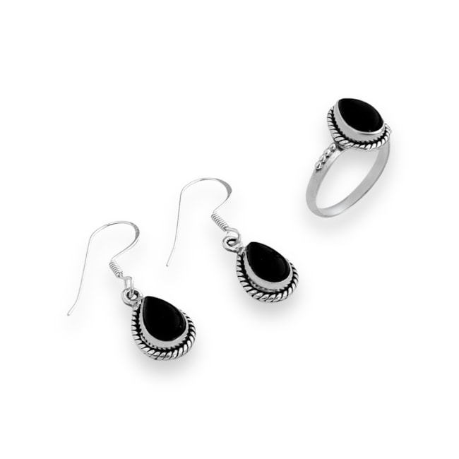 Conjunto de Pedra Ônix com Brinco de Gancho e Anel 