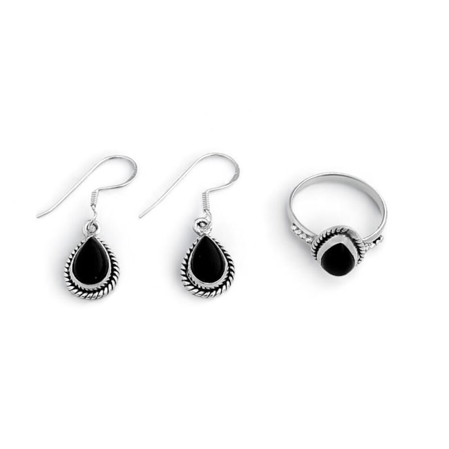 Conjunto de Pedra Ônix com Brinco de Gancho e Anel 