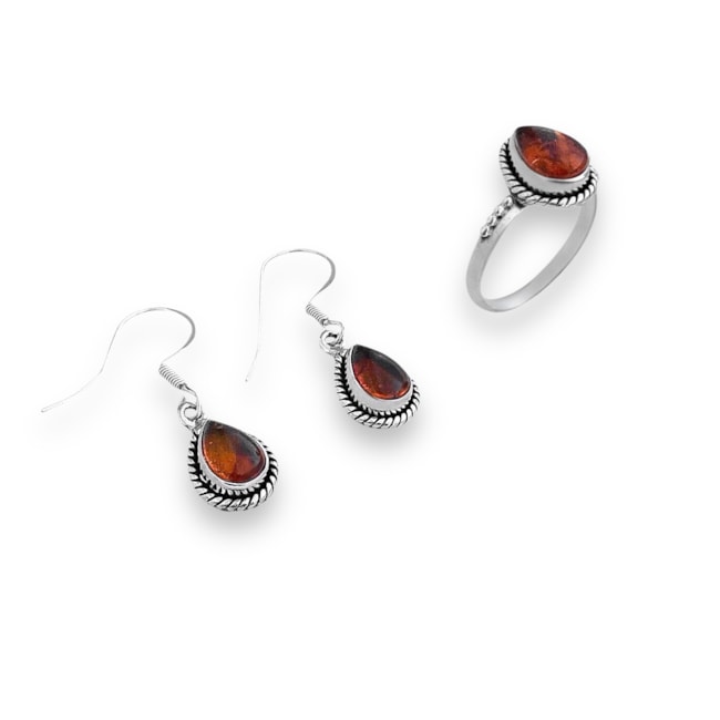 Conjunto em Formato de Gota com Pedra Âmbar