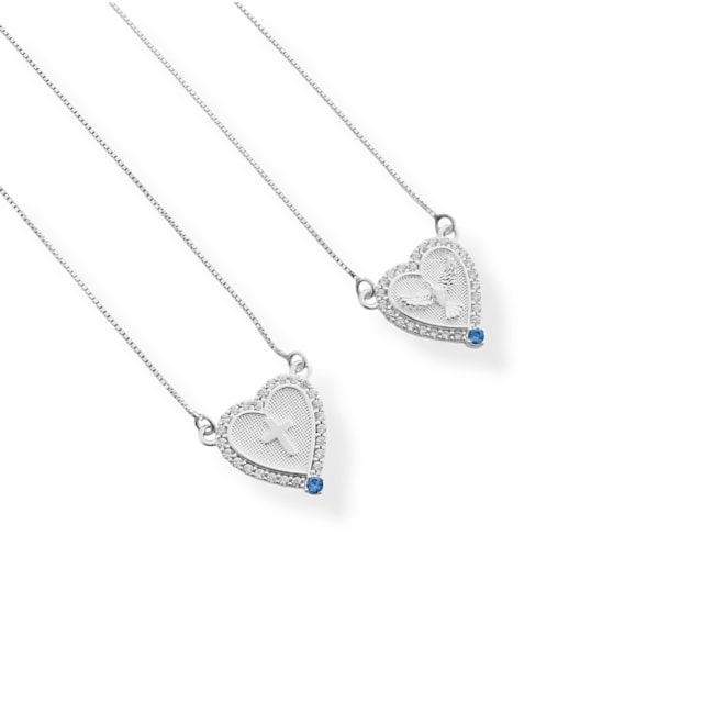  Escapulário de Coração Cravejado com Zircônias e Água Marinha Cruz e Espírito Santo – 70cm 