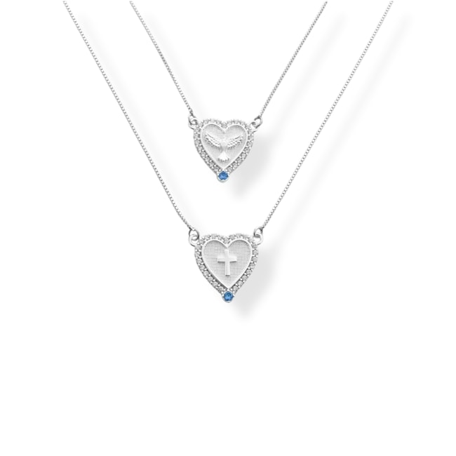  Escapulário de Coração Cravejado com Zircônias e Água Marinha Cruz e Espírito Santo – 70cm 