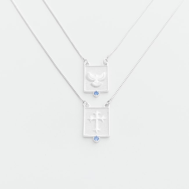 Escapulário de Cruz e Espírito Santo com Zircônia Água Marinha - 70cm