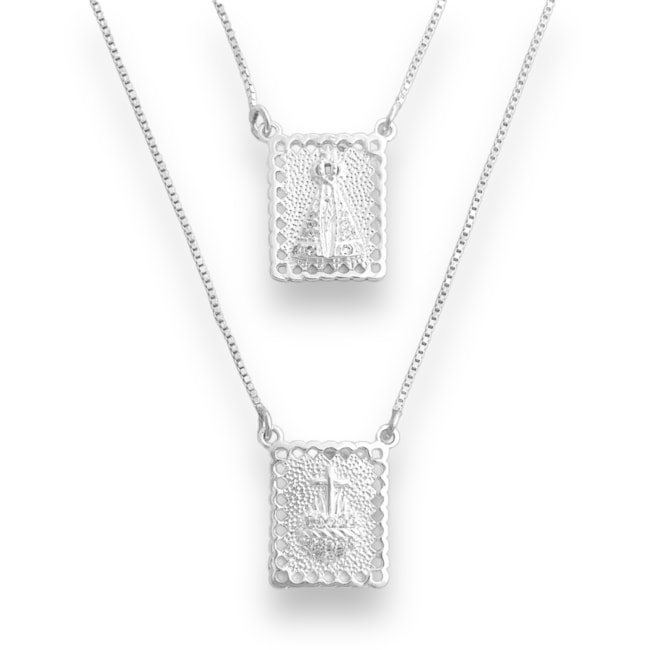  Escapulário de Nossa Senhora Aparecida e Sagrado Coração de Jesus com Bordas Trabalhadas – 70cm
