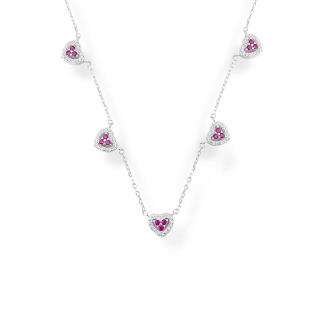 Gargantilha Cinco Corações com Zircônia Rubi Rose - 42cm 