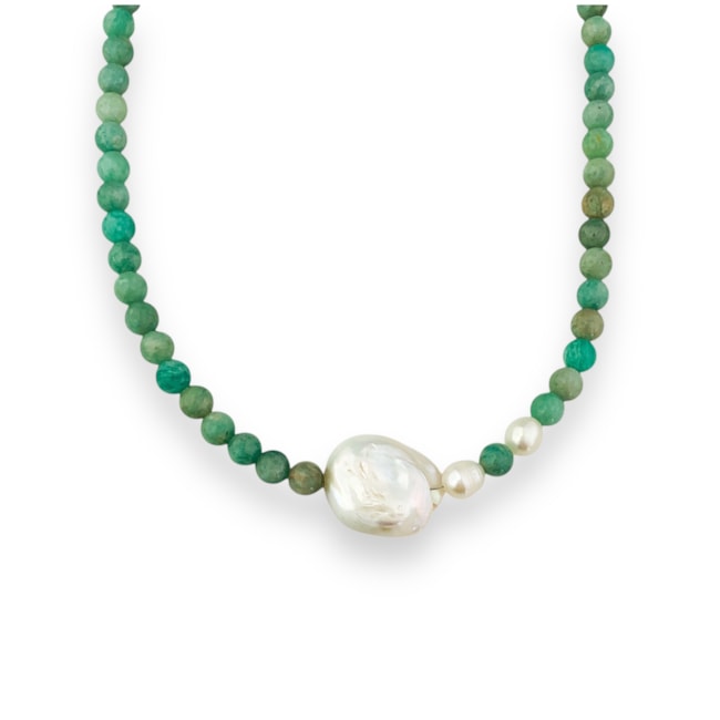 Gargantilha de Amazonita Verde e Pérola Biwa - 38cm