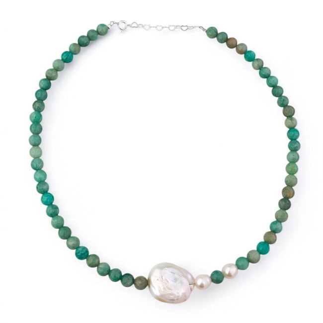 Gargantilha de Amazonita Verde e Pérola Biwa - 38cm