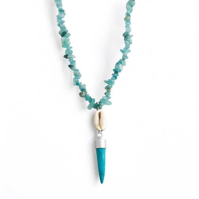 Gargantilha de Cascalho Água Marinha com Pingente de Búzio e Dente Turquesa 