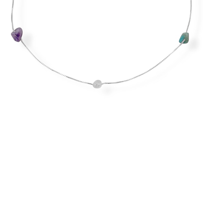 Gargantilha de Cascalho com Ametista, Quartzo Rosa, Quartzo transparente e Quartzo Azul 