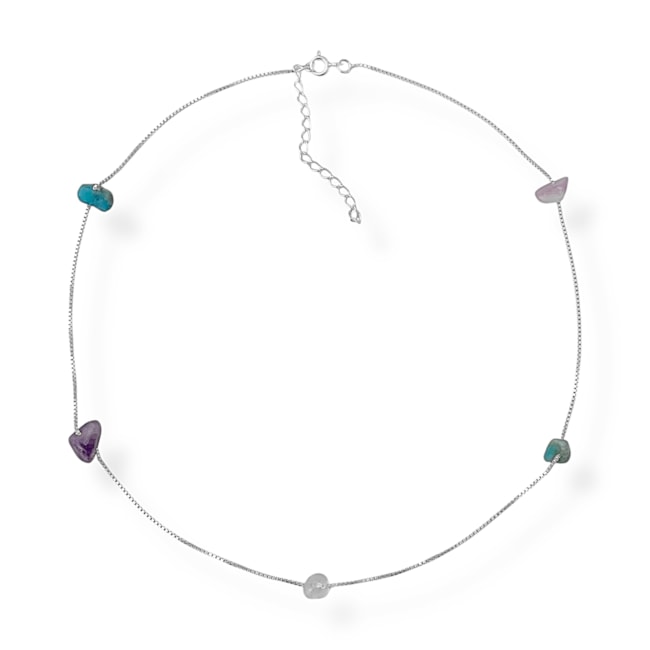 Gargantilha de Cascalho com Ametista, Quartzo Rosa, Quartzo transparente e Quartzo Azul