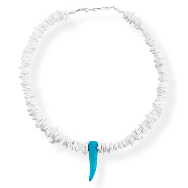 Gargantilha de Cascalho Concha Branca com Pingente em Formato de Dente em Turquesa  - 45cm
