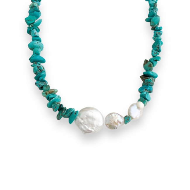 Gargantilha de Cascalho Howlita Turquesa e Pérola Biwa - 38cm
