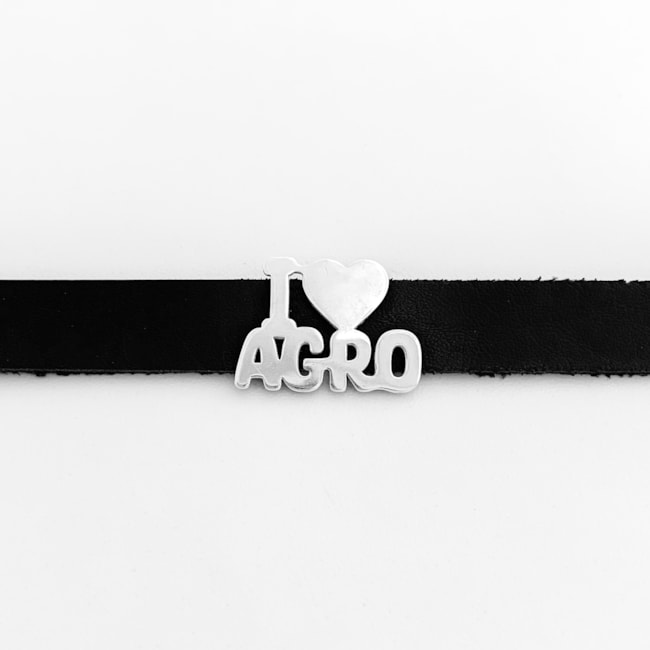 Gargantilha de Couro com Fecho e Pingente em Prata " I Love Agro" - 35cm 