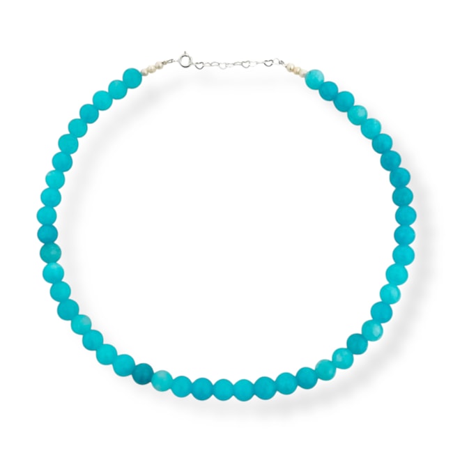 Gargantilha de Jade Amazonita e Pérola Batata Branca - 40cm