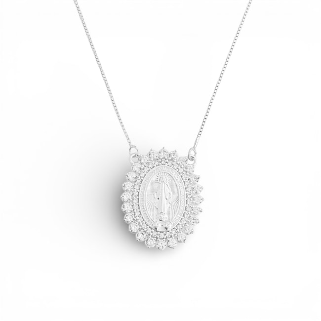 Gargantilha de Nossa Senhora das Graças Cravejada de Zircônias Cristal - 50cm