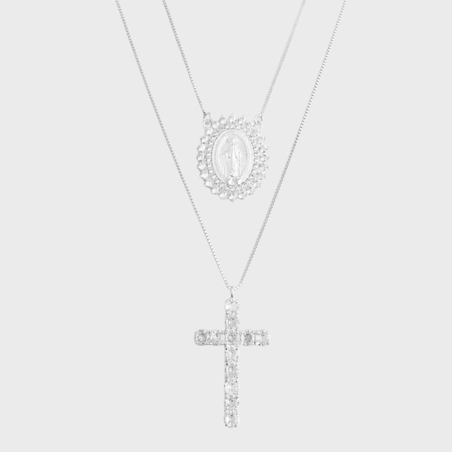 Gargantilha de Nossa Senhora das Graças Cravejada de Zircônias e Cruz com Zircônias - 40cm