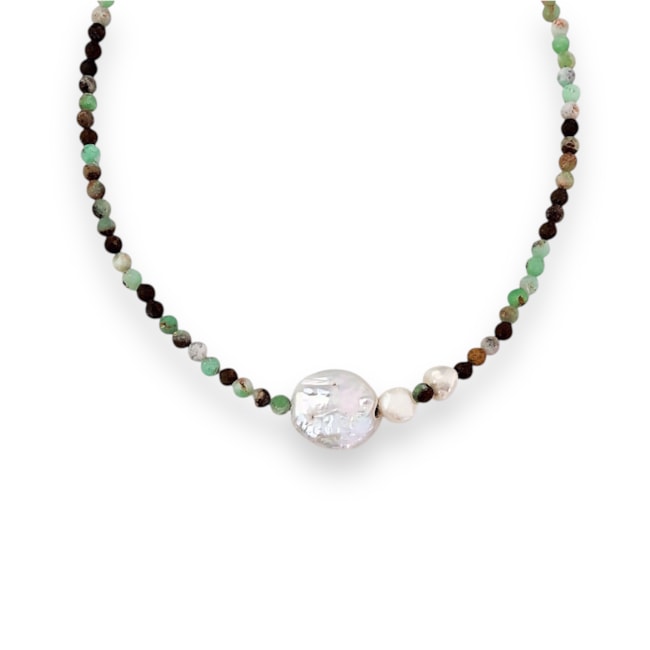 Gargantilha de Pedra Crisopásio com Pérola Biwa - 38cm